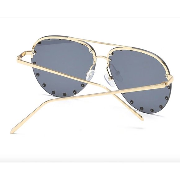 Edgy Rivet Studded Black Aviator Sunglasses Oversized Rimless Pilot Sunglasses - Picture 7 of 7
